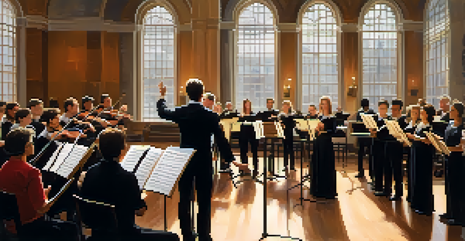 A conductor giving feedback to choir members during a rehearsal in a well-lit room filled with musical notes.