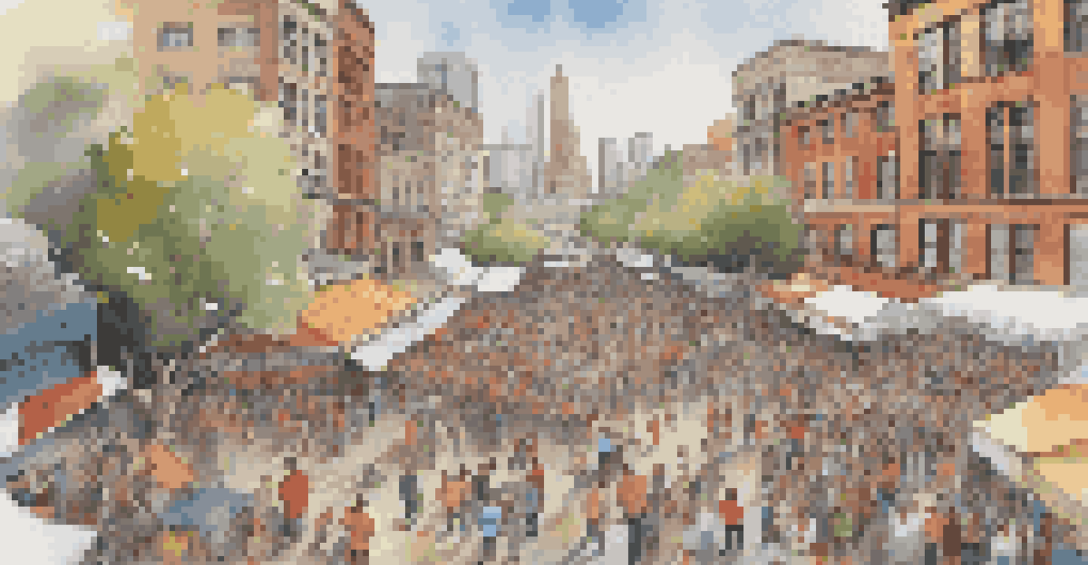 Aerial view of a bustling urban festival with stages, vendors, and attendees enjoying various activities.