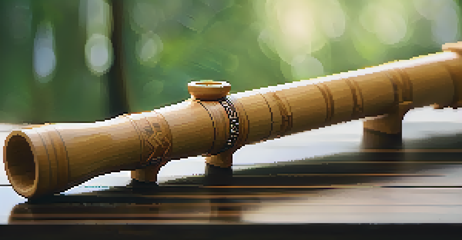 A close-up of a handcrafted bamboo Shakuhachi flute on a wooden table, highlighting its texture and design.