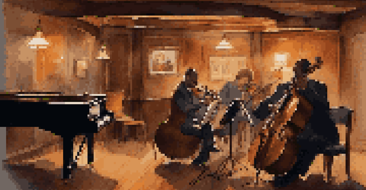 A cozy bar scene featuring a jazz trio with a pianist, double bassist, and drummer, all immersed in their improvisation under soft ambient lighting.