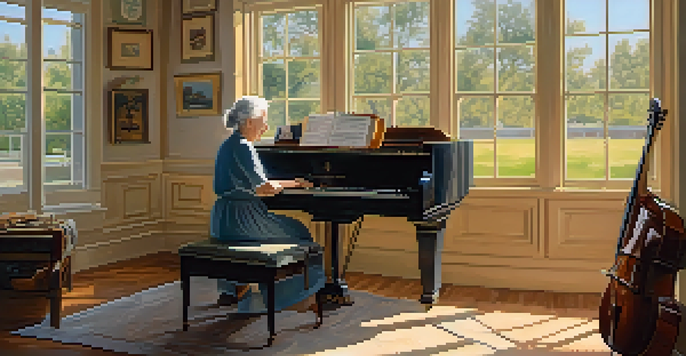 An elderly woman enjoying music in a sunlit room, surrounded by musical instruments and smiling with closed eyes.