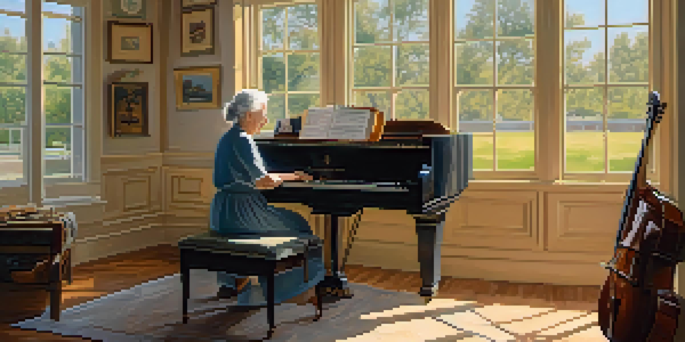 An elderly woman enjoying music in a sunlit room, surrounded by musical instruments and smiling with closed eyes.