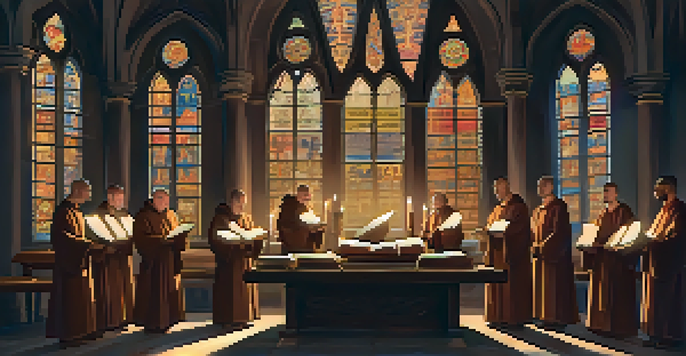 A peaceful scene of monks in a medieval monastery chanting, illuminated by candlelight and colorful stained glass.