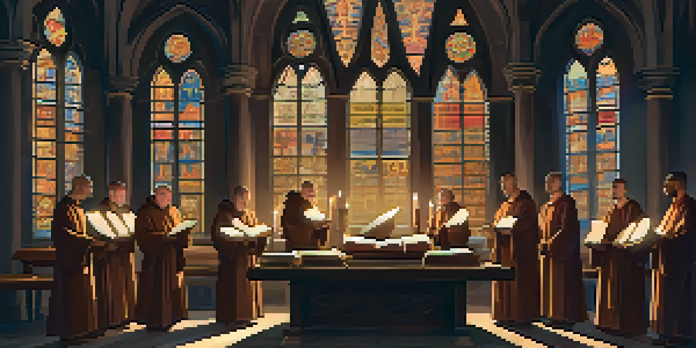 A peaceful scene of monks in a medieval monastery chanting, illuminated by candlelight and colorful stained glass.