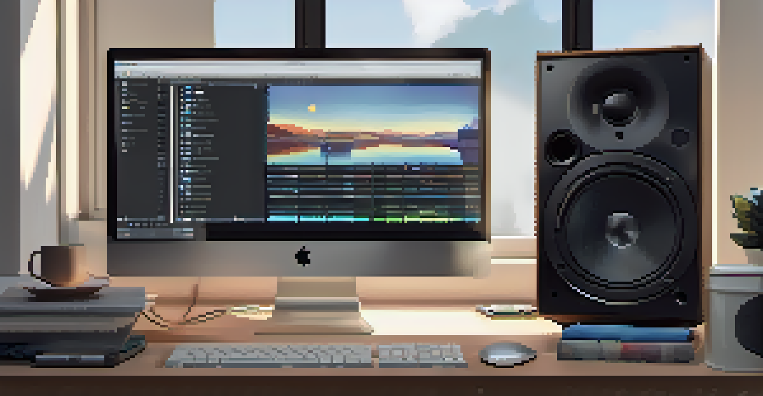 An organized digital workspace with a DAW on the computer screen, folders for music projects, and a modern desk setup.