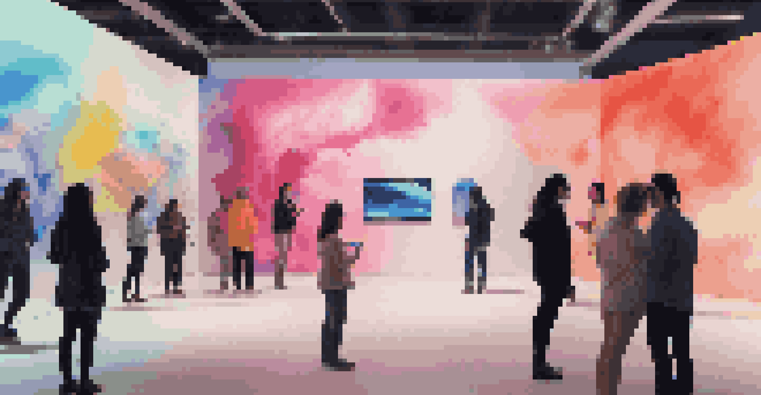 An interactive art gallery where visitors engage with augmented reality installations, surrounded by modern art and ambient lighting.