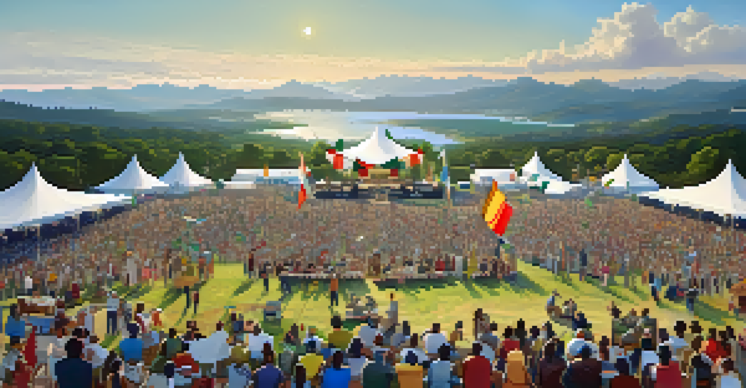 An aerial perspective of a destination music festival showcasing attendees from various cultures enjoying music and local cuisine in a beautiful natural setting.