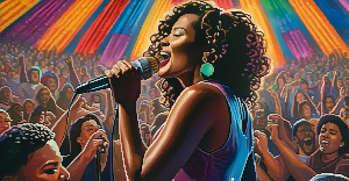 A female musician performing on stage with a vintage microphone, surrounded by a diverse audience holding signs for social change, illuminated by colorful stage lights.