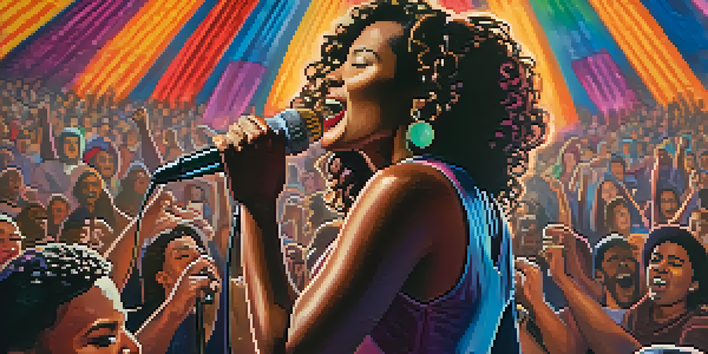 A female musician performing on stage with a vintage microphone, surrounded by a diverse audience holding signs for social change, illuminated by colorful stage lights.