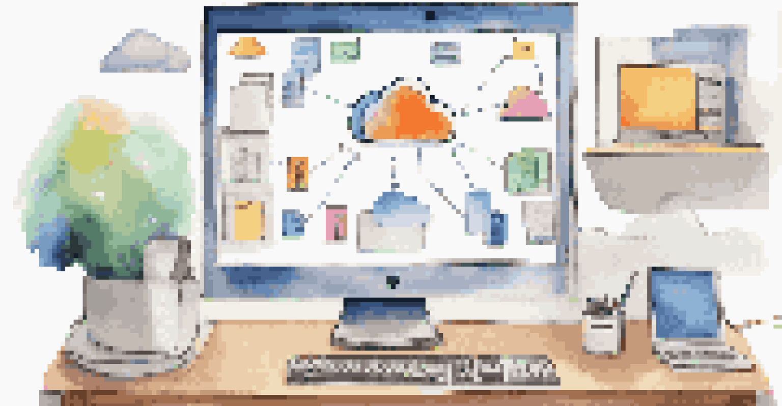 A computer screen displaying cloud storage options for backing up music projects, with floating musical notes and files.