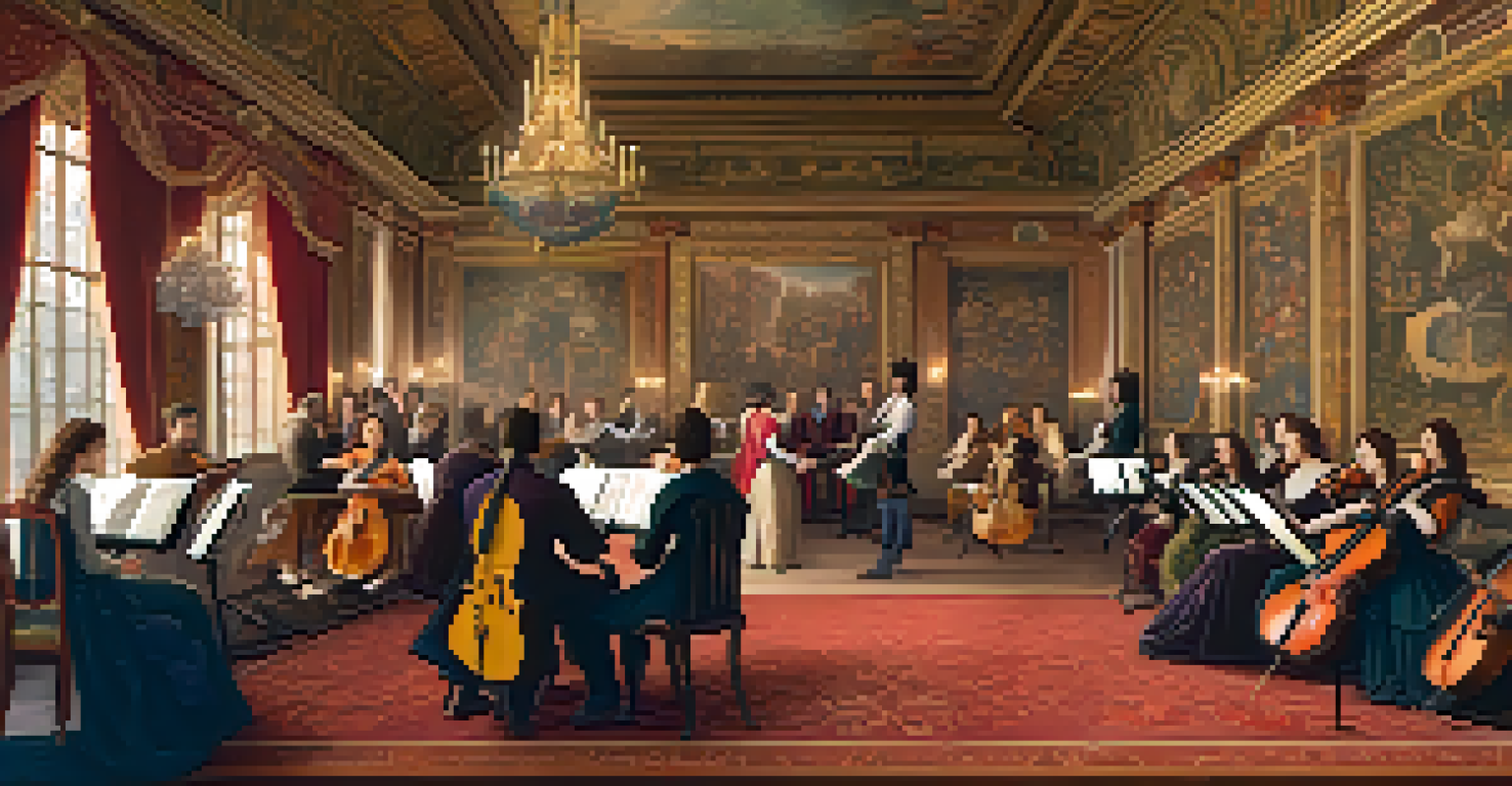 A Renaissance music salon with elegantly dressed individuals discussing music, surrounded by rich decor.