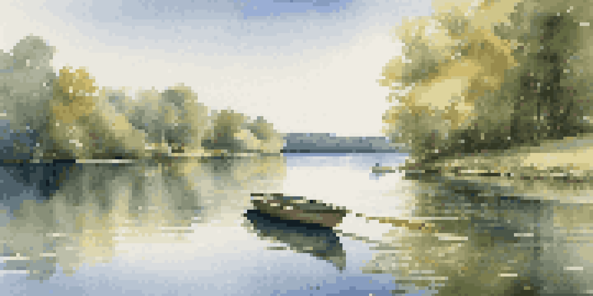 A peaceful lake scene with a wooden dock and rowboat, surrounded by greenery and a clear sky.
