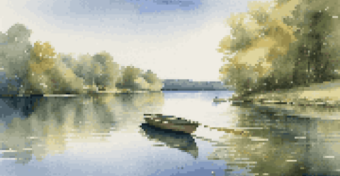 A peaceful lake scene with a wooden dock and rowboat, surrounded by greenery and a clear sky.