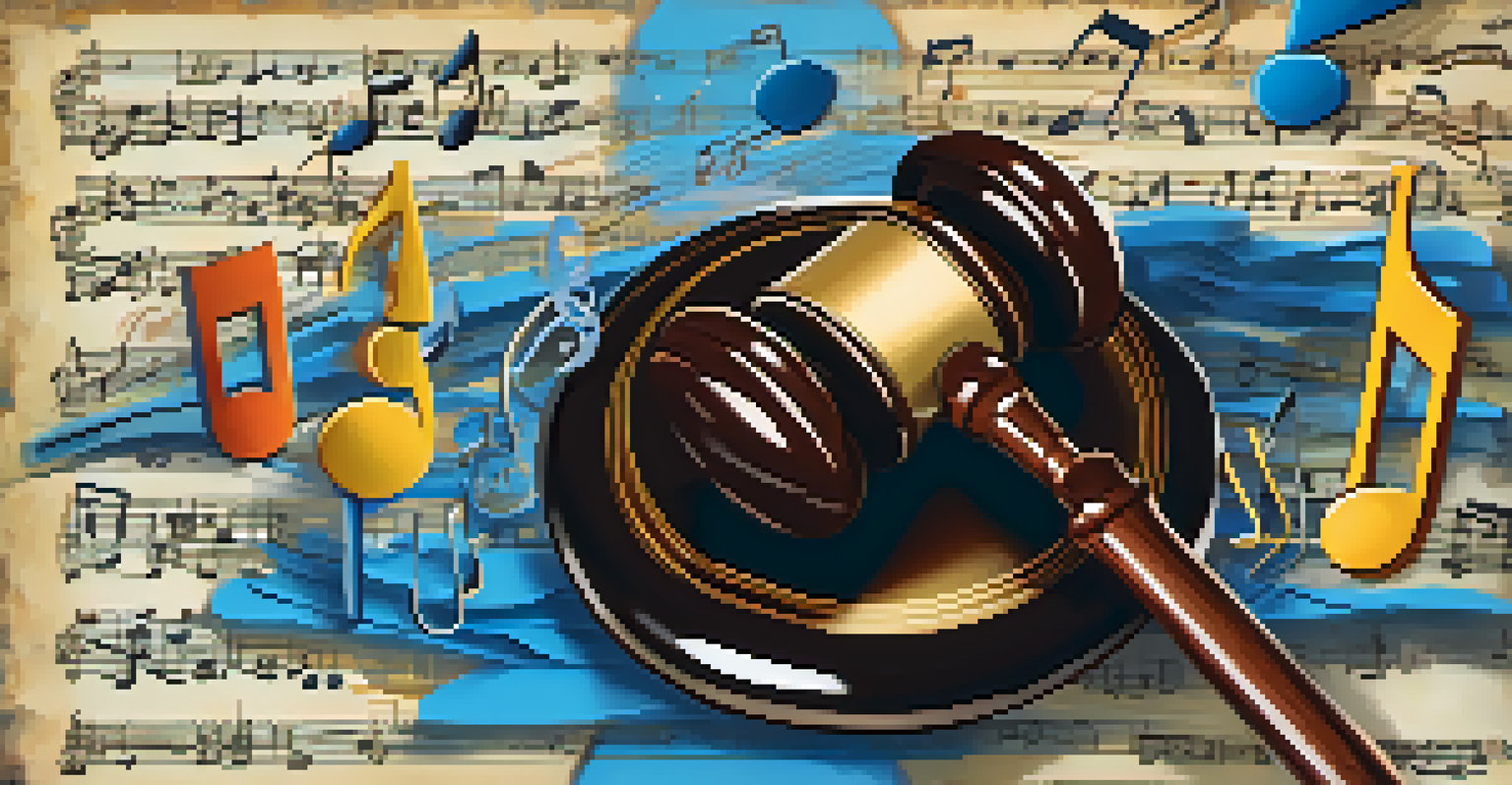 An abstract collage of musical notes, a gavel, and legal documents representing copyright in music.