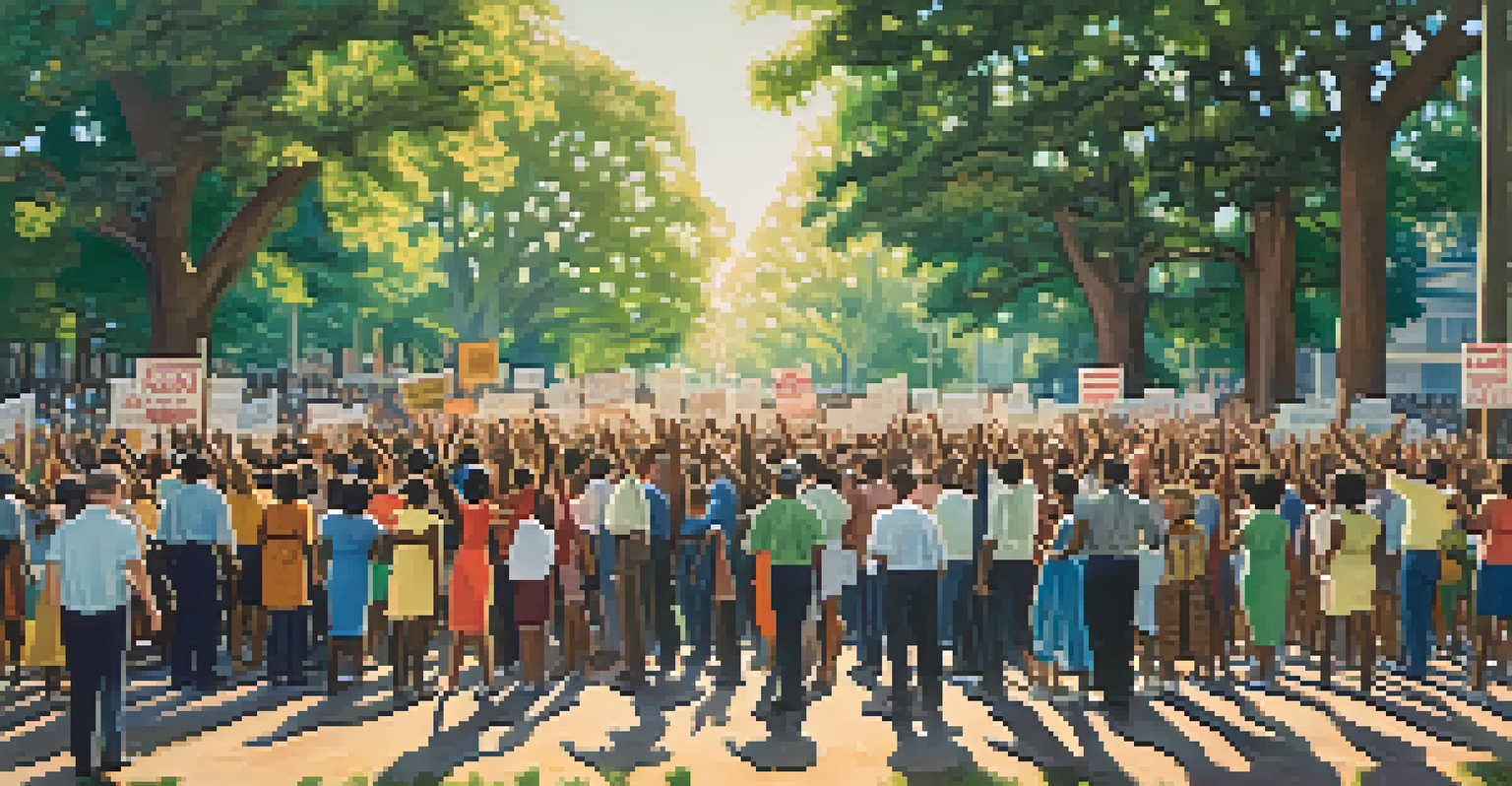 A diverse crowd of protesters holding hands and raising their fists in a civil rights demonstration.