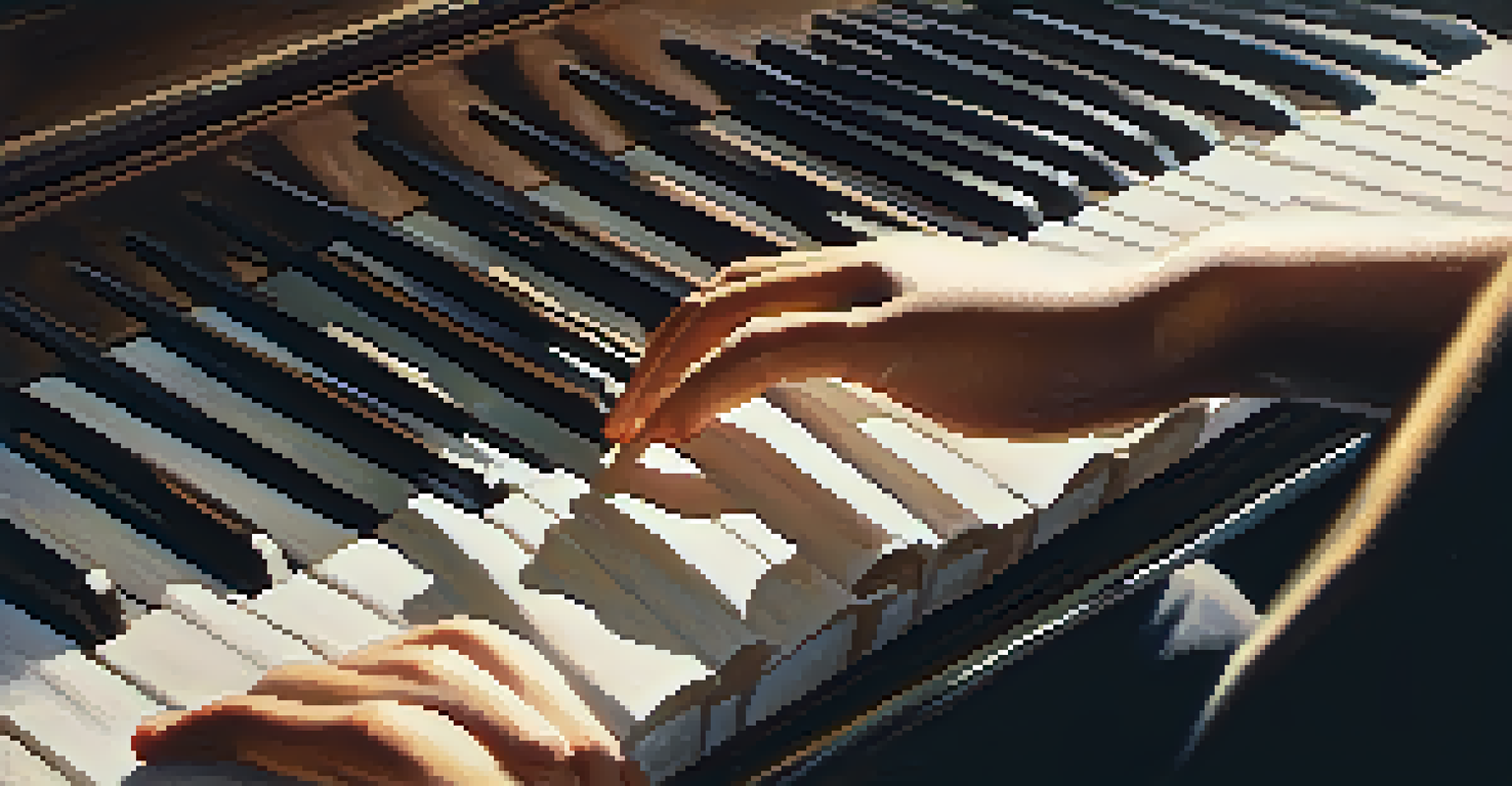 A child's hands on a piano keyboard with sheet music, illuminated by warm light, showcasing the dedication to music education.