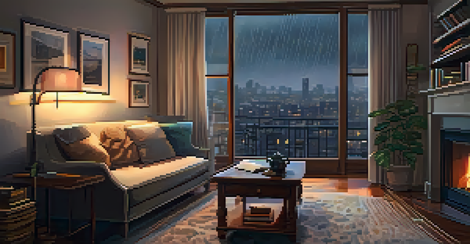 A cozy room with a rainy city view, an armchair, tea, and books.