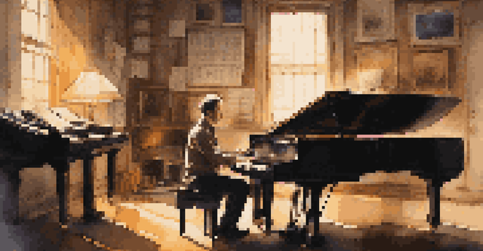 A focused composer at a grand piano in a dimly lit studio, surrounded by sheet music and instruments, with warm lighting and inspirational posters.