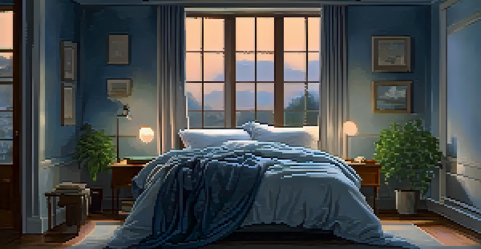 A cozy bedroom at twilight with a person in bed listening to music through headphones, surrounded by floating music notes and warm lighting.