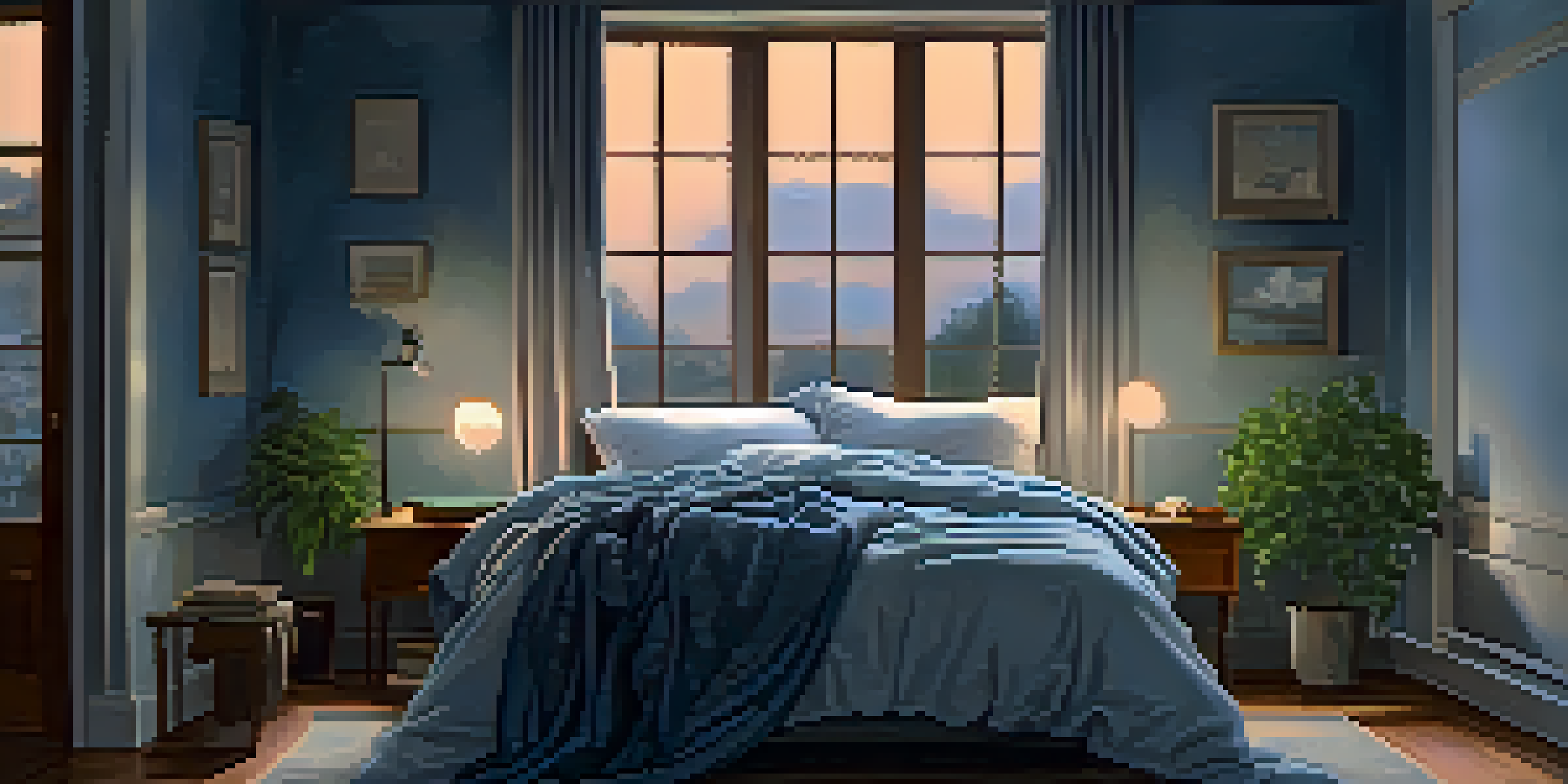 A cozy bedroom at twilight with a person in bed listening to music through headphones, surrounded by floating music notes and warm lighting.