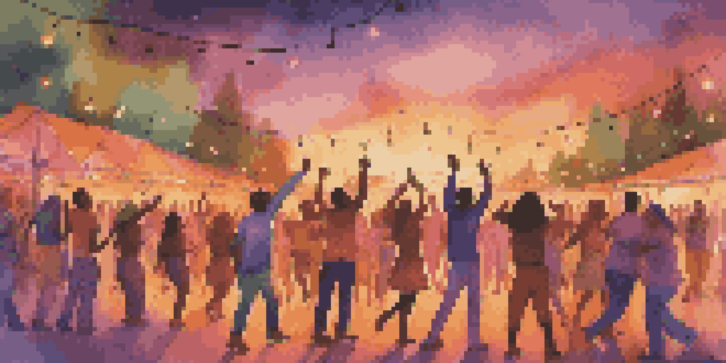 A diverse group of people dancing at a music festival outdoors during sunset, with colorful lights and instruments visible.
