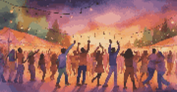 A diverse group of people dancing at a music festival outdoors during sunset, with colorful lights and instruments visible.
