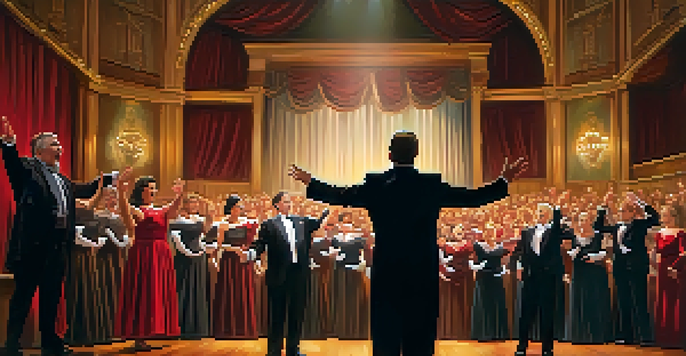A conductor passionately leading a diverse choir on stage, surrounded by warm lighting and a welcoming atmosphere.