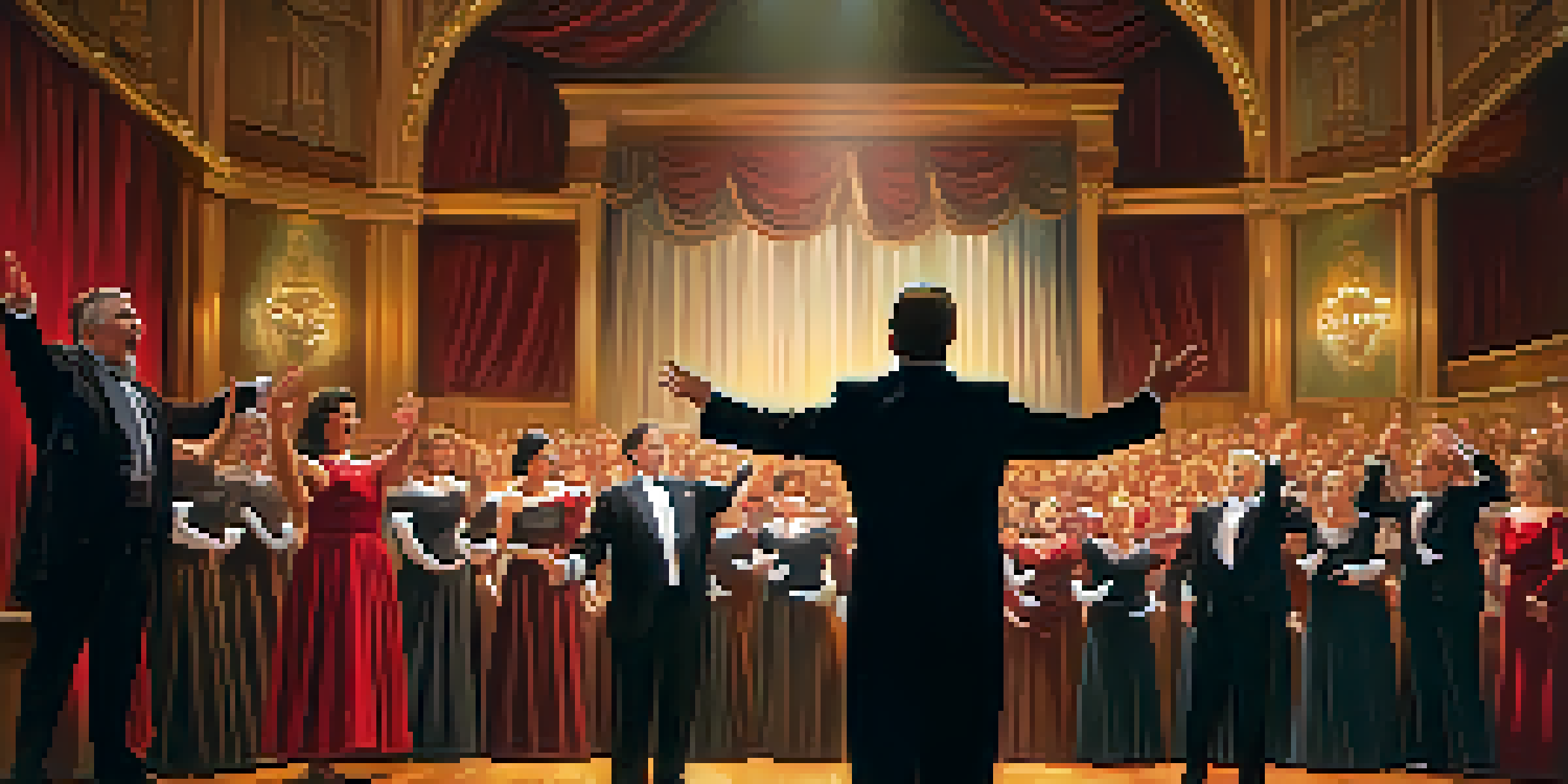 A conductor passionately leading a diverse choir on stage, surrounded by warm lighting and a welcoming atmosphere.