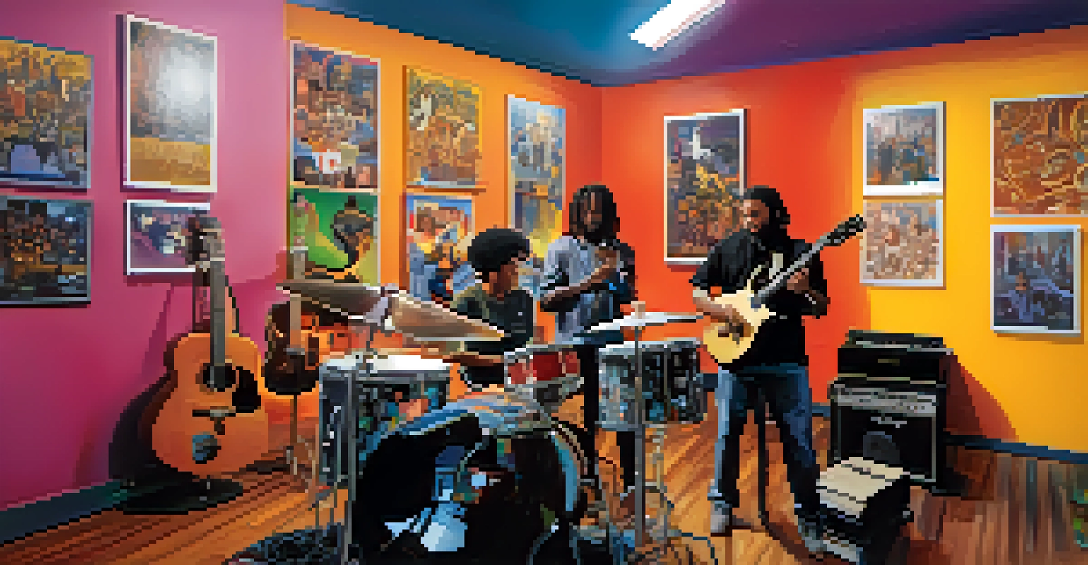 A diverse group of musicians collaborating in a colorful modern studio.