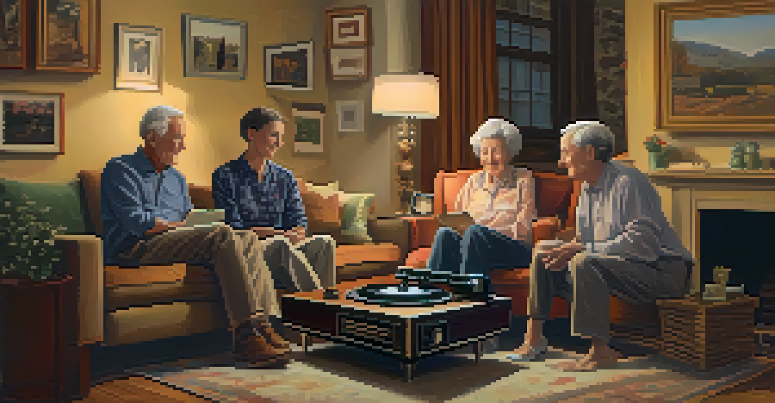 An elderly person enjoying music with family in a cozy living room, creating a nostalgic atmosphere.