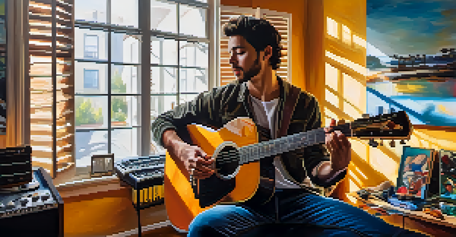 An artist playing an acoustic guitar in a modern home studio filled with instruments and natural light.