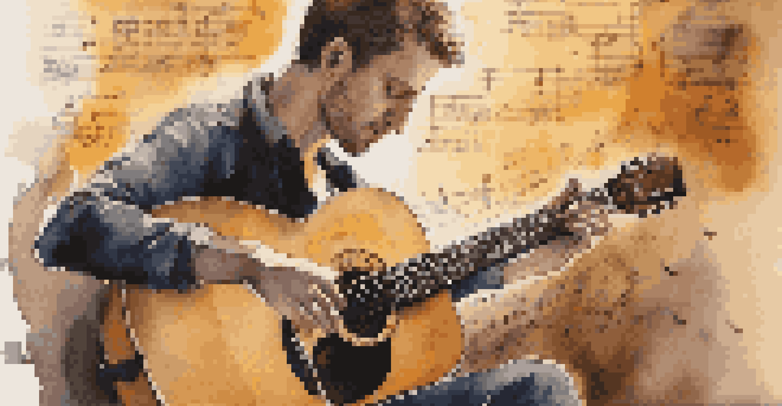 A musician playing an acoustic guitar with handwritten lyrics and protest song posters in a cozy, warmly lit room.