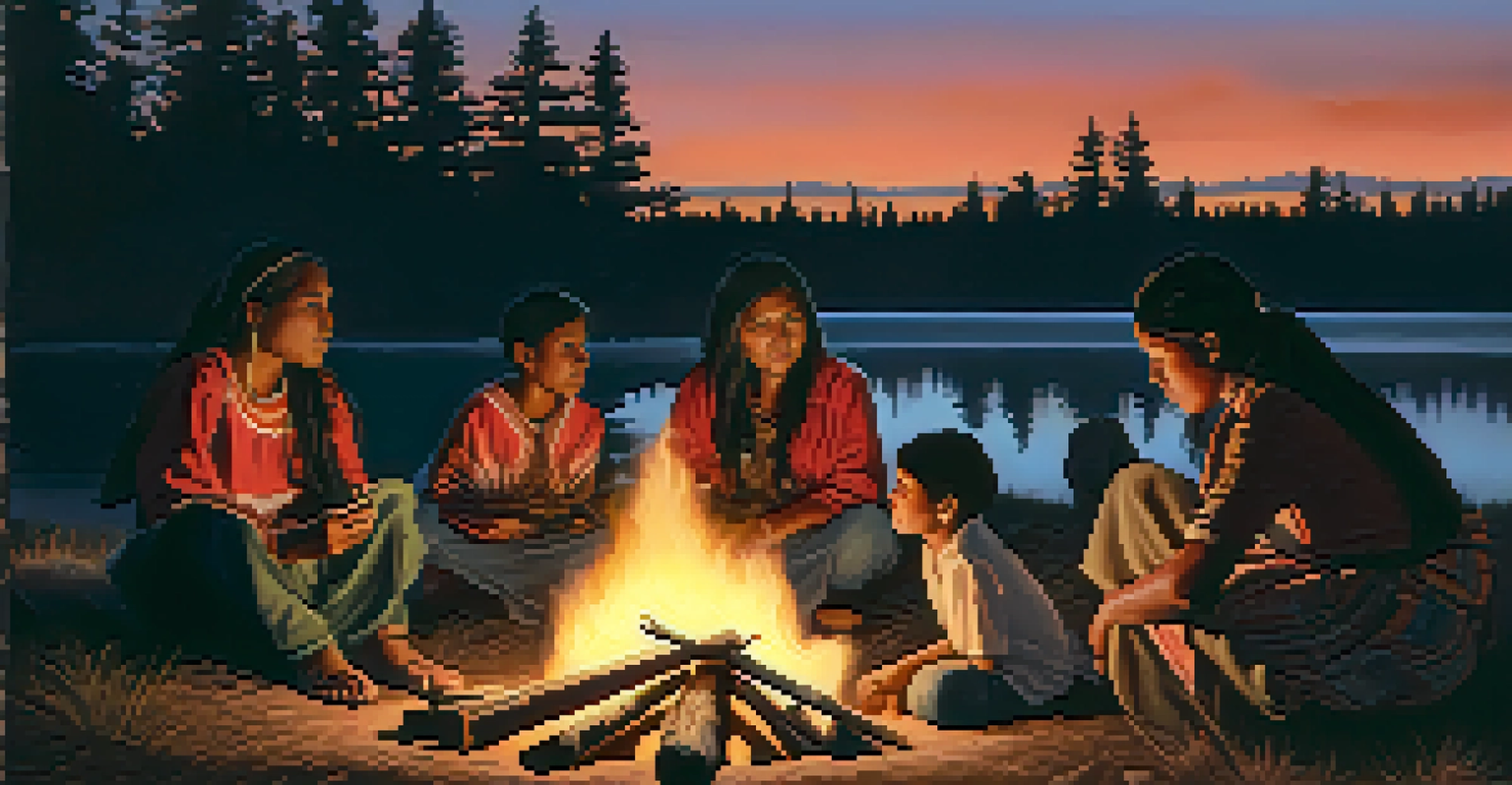 An Indigenous woman tells stories by a campfire at dusk, surrounded by children, with a warm firelight illuminating her face and traditional instrument.