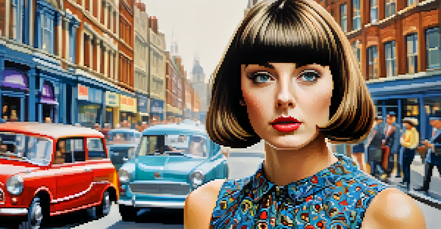 A young woman with a bob haircut and vibrant fashion typical of the 1960s British Invasion, set against a blurred London street.