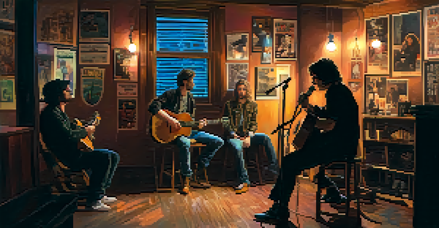 An indie music artist performing in a cozy indoor setting with warm lighting and a small audience.