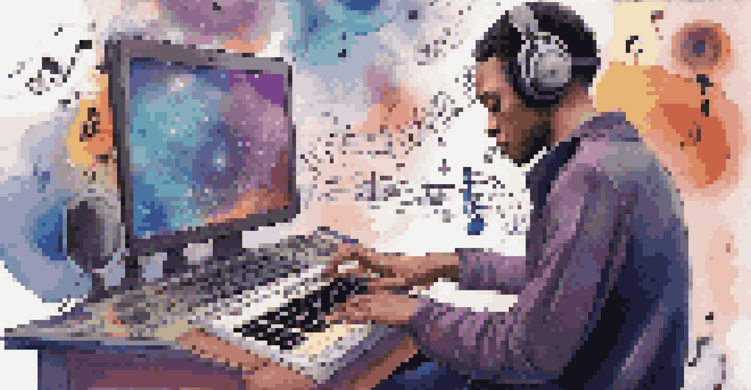 A musician focused on an AI music production tool with vibrant sound waves around them in a cozy workspace.