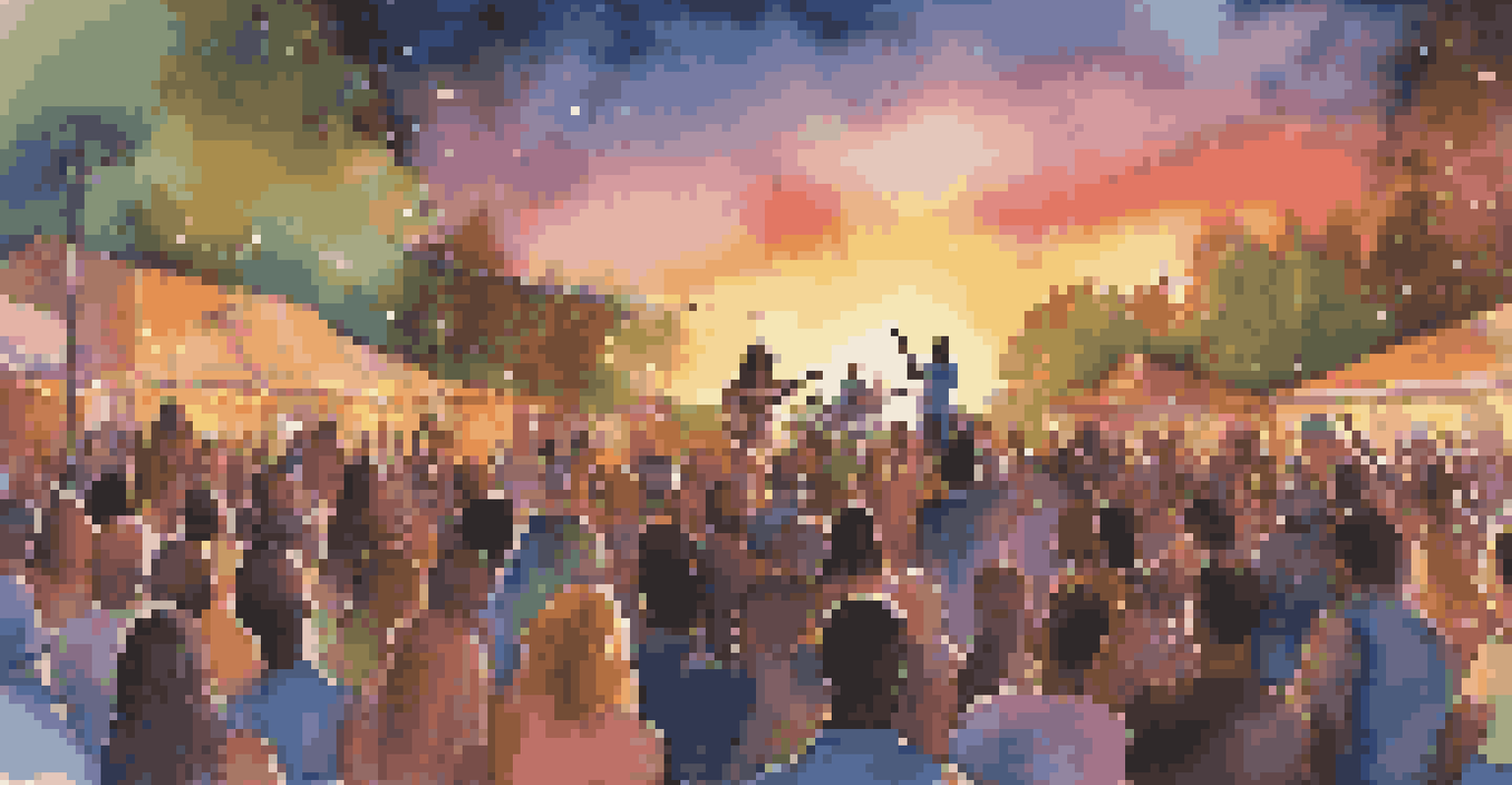 A lively outdoor concert with musicians on stage and an engaged audience under a colorful sunset.