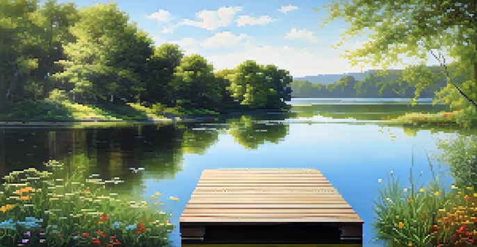A peaceful lake surrounded by greenery and wildflowers, with a wooden dock extending into the water under a blue sky.