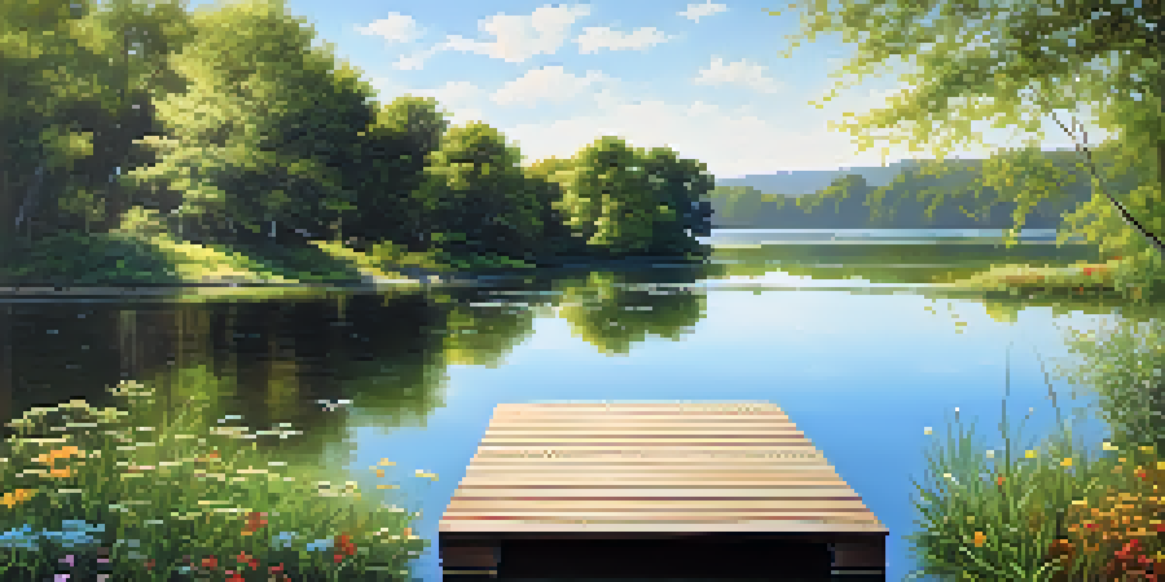 A peaceful lake surrounded by greenery and wildflowers, with a wooden dock extending into the water under a blue sky.