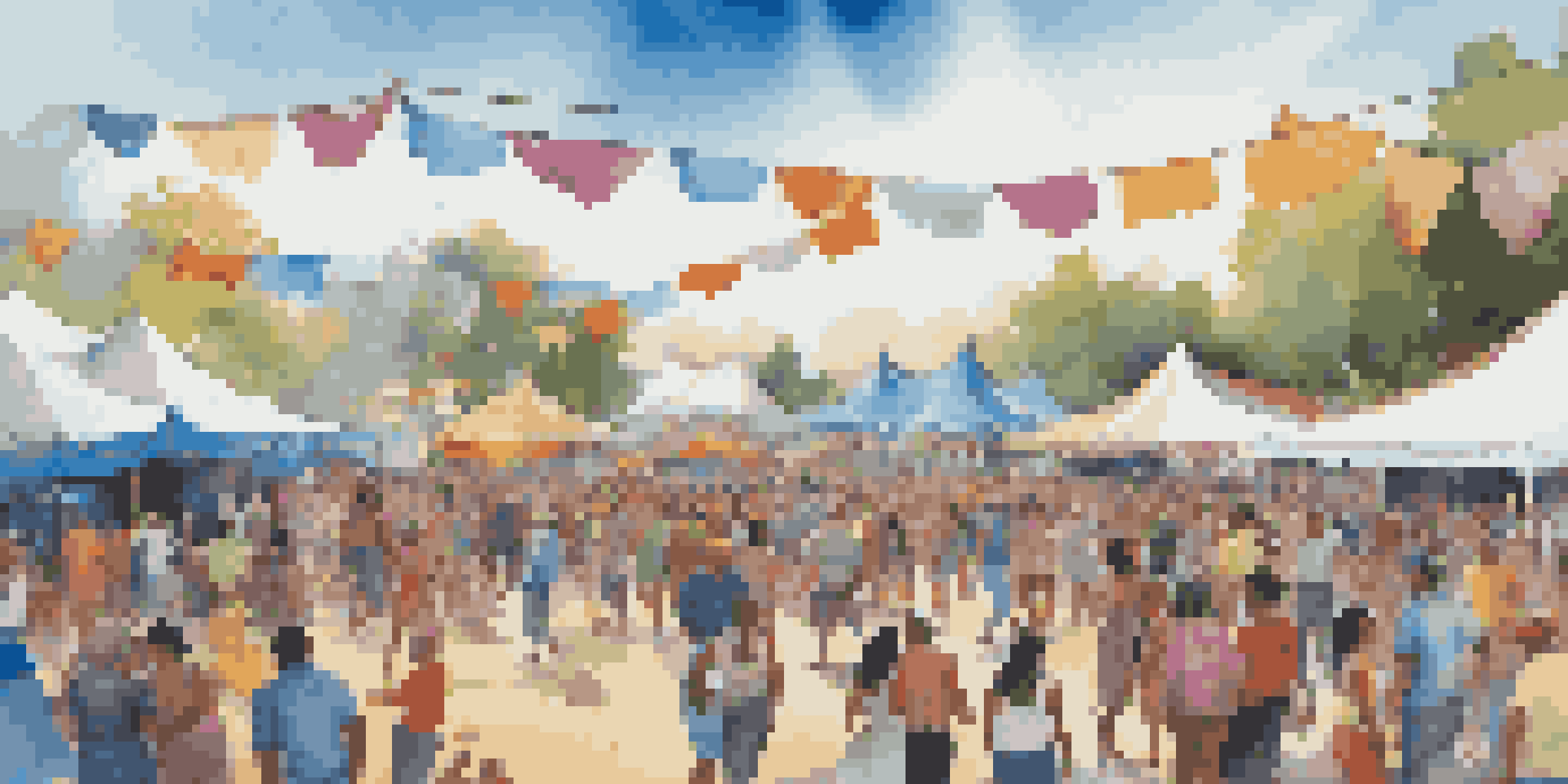 A lively music festival with a diverse crowd, colorful tents, and a stage with musicians performing under a blue sky.