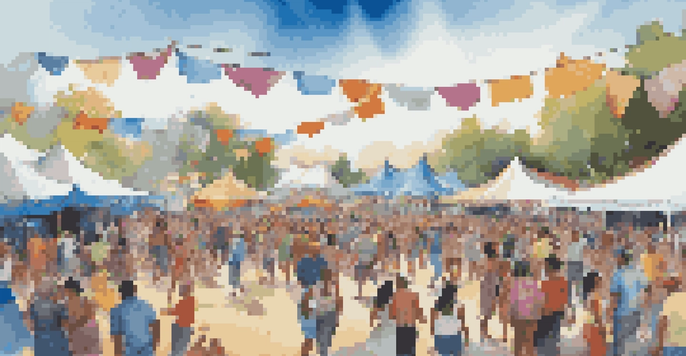 A lively music festival with a diverse crowd, colorful tents, and a stage with musicians performing under a blue sky.