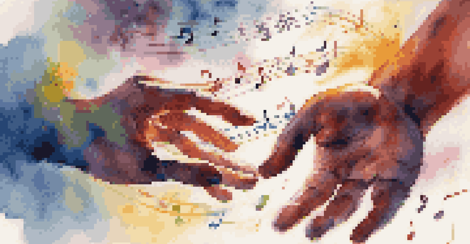 Close-up of a person's hands moving rhythmically, with colorful light effects and musical notes around them.