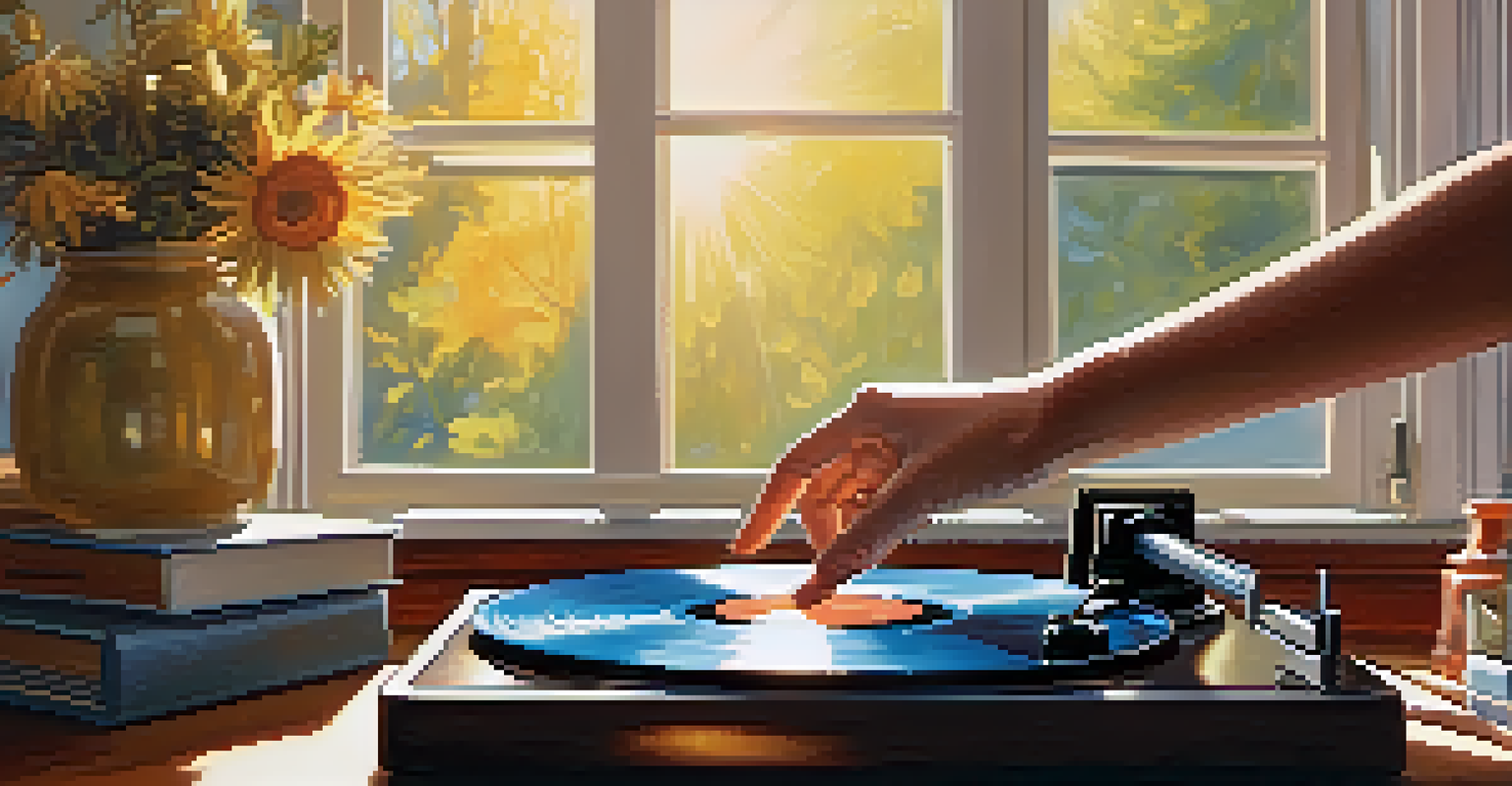 A hand reaching for a vintage record player surrounded by old vinyl records and family photos.