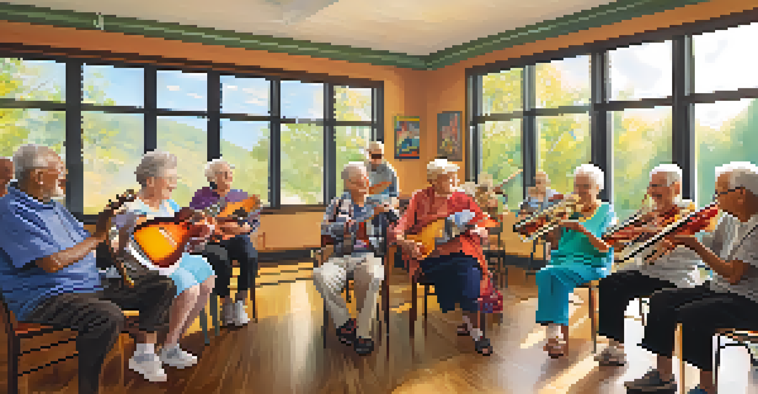 Seniors participating in a lively music therapy session, playing instruments and smiling in a bright community center.