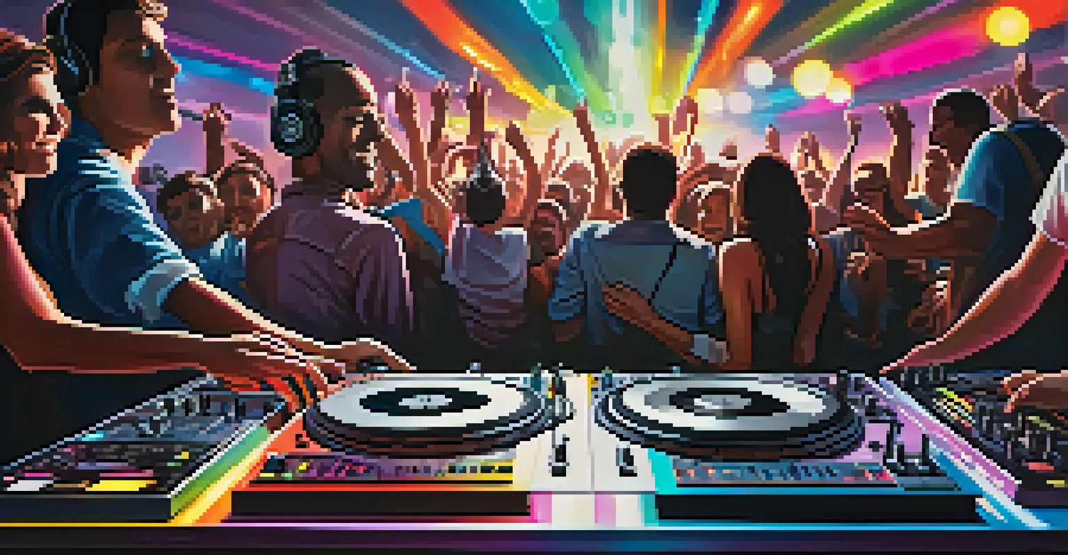 Hands tweaking a DJ mixer with colorful lights, surrounded by vinyl records and a crowd enjoying music in the background.