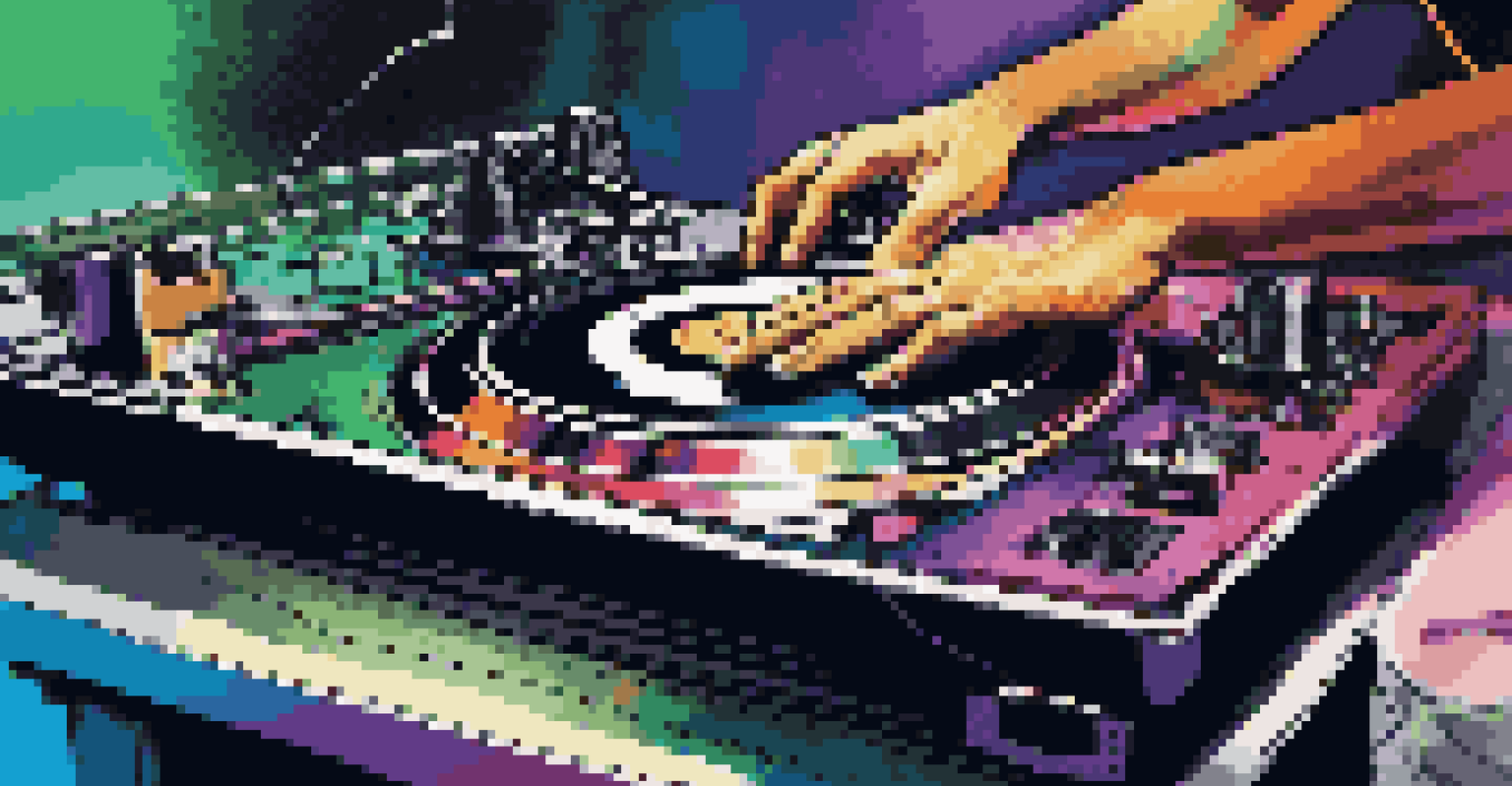 Close-up of a DJ's hands mixing tracks on a turntable with colorful vinyl records in a well-lit booth.