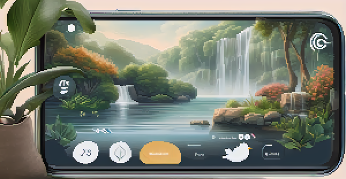 A smartphone showing a meditation app interface, surrounded by plants and visual representations of ambient sounds.