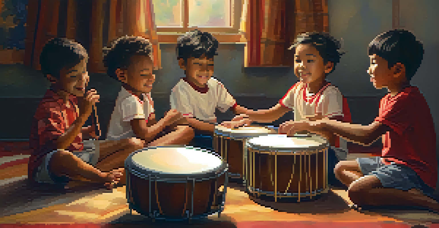 Children sitting in a circle, playing percussion instruments and enjoying a rhythmic activity together.