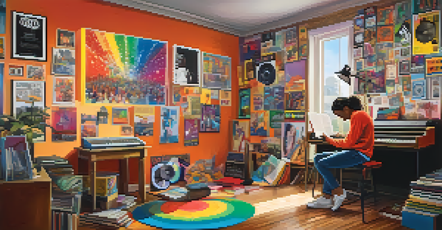 A student studying with headphones in a colorful room filled with music genre posters, writing notes while enjoying upbeat music.