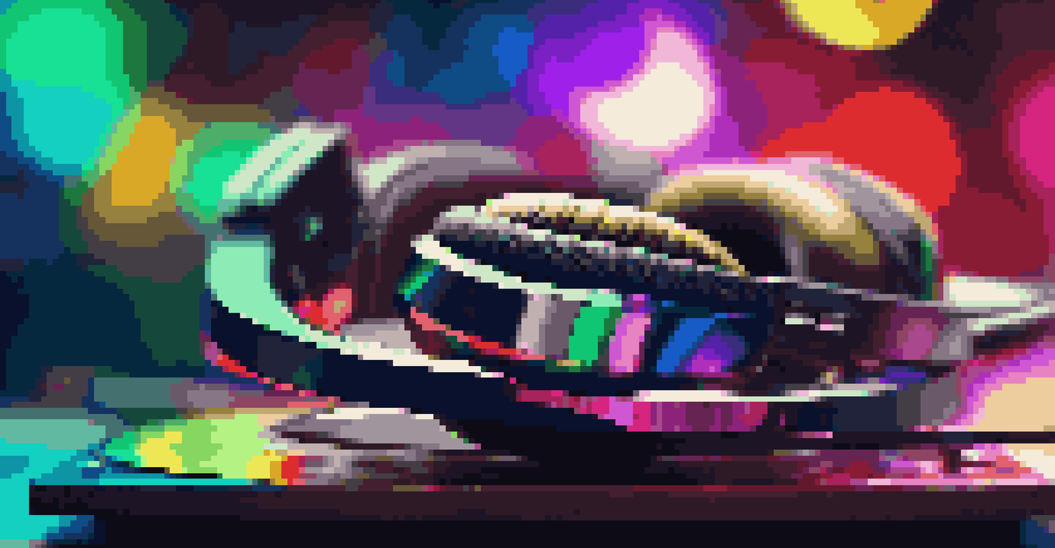 A close-up of DJ headphones on a colorful vinyl record with a blurred DJ booth in the background filled with vibrant lights.